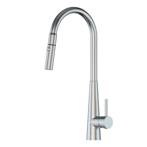 XCEL  Stainless Steel Gooseneck XPRESSFIT retractable dual spray mixer with conical base - Satin