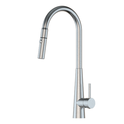 XCEL  Stainless Steel Gooseneck XPRESSFIT retractable dual spray mixer with conical base - Satin