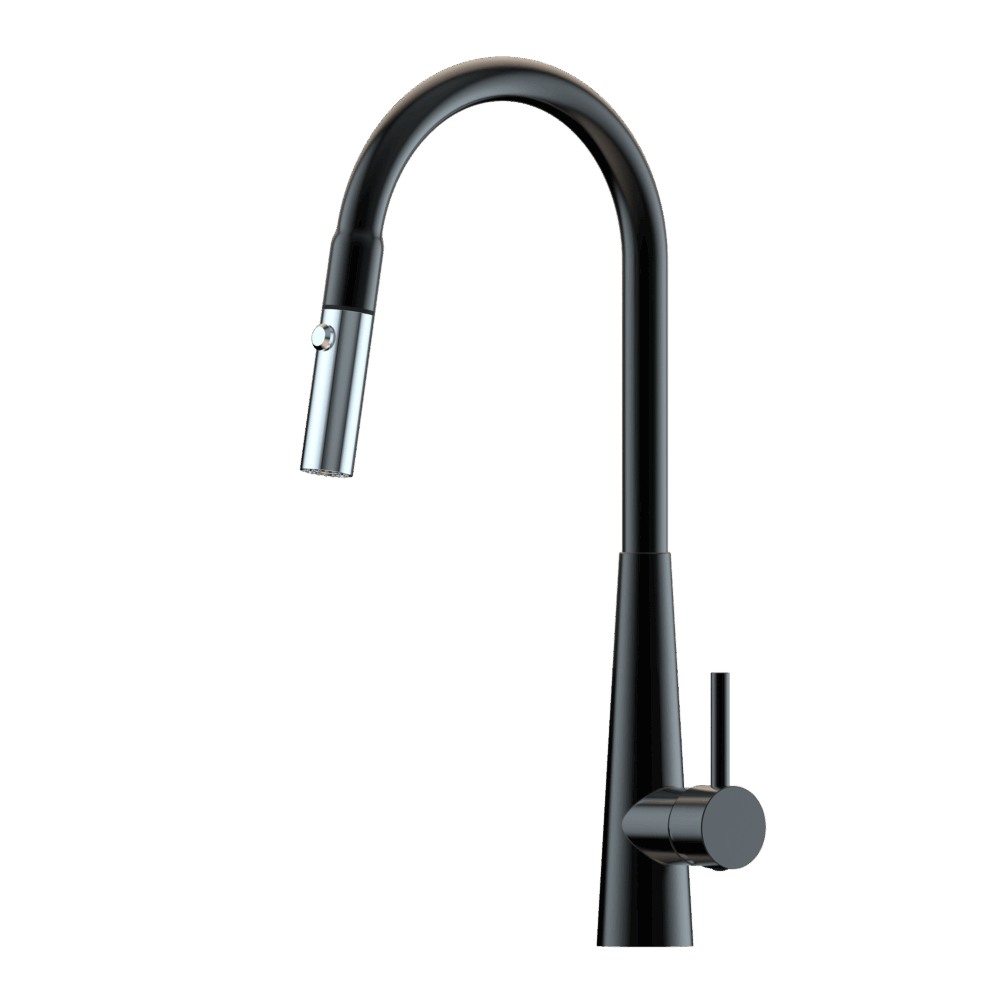 XCEL   Stainless Steel Gooseneck XPRESSFIT retractable dual spray mixer with conical base - Black & Bling