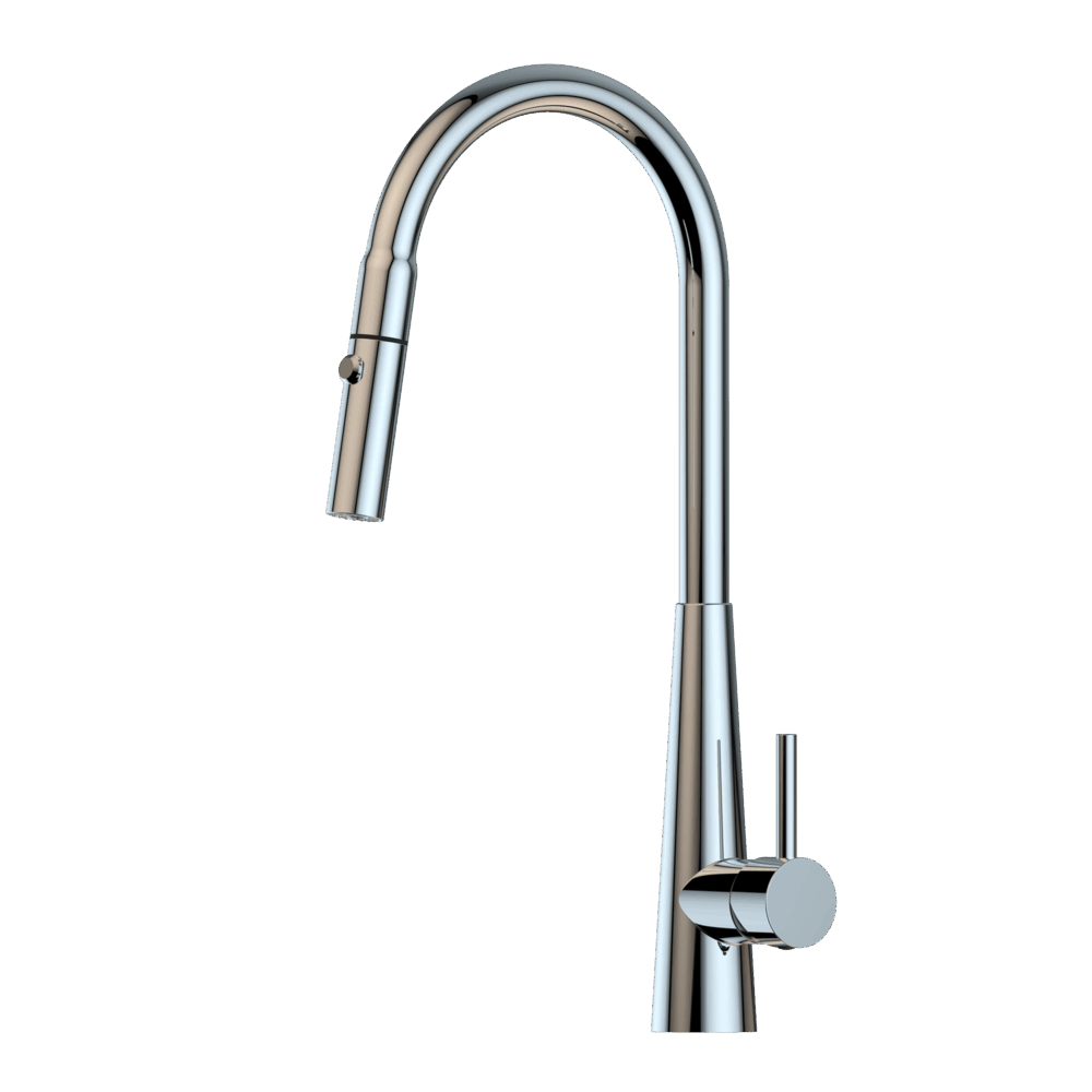 XCEL  Stainless Steel Gooseneck XPRESSFIT retractable dual spray mixer with conical base - Chrome                 Polished