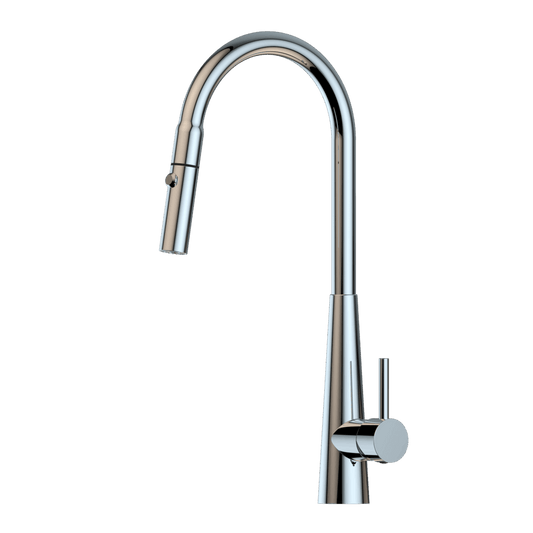 XCEL  Stainless Steel Gooseneck XPRESSFIT retractable dual spray mixer with conical base - Chrome                 Polished