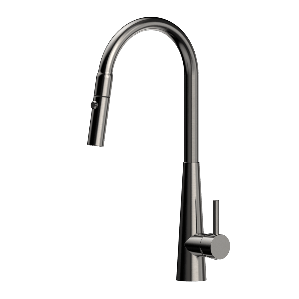 XCEL   Stainless Steel Gooseneck XPRESSFIT retractable dual spray mixer with conical base - Gun Metal