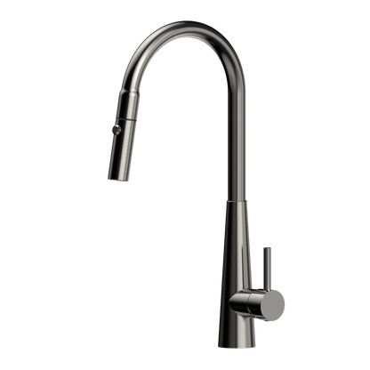 XCEL   Stainless Steel Gooseneck XPRESSFIT retractable dual spray mixer with conical base - Gun Metal