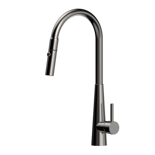 XCEL   Stainless Steel Gooseneck XPRESSFIT retractable dual spray mixer with conical base - Gun Metal