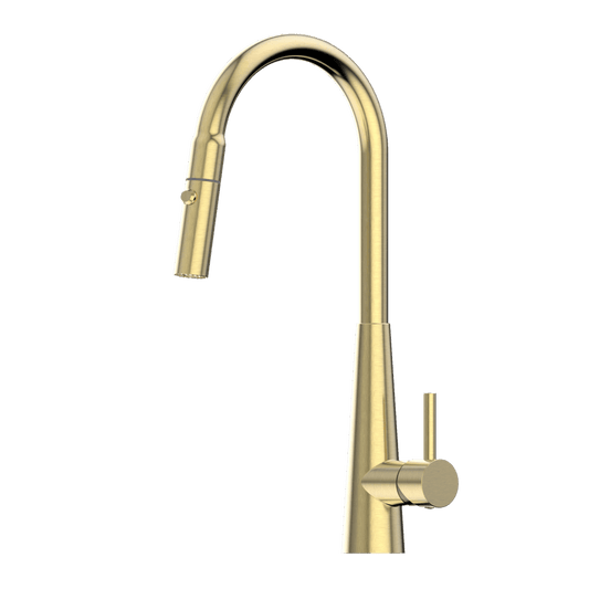 XCEL Stainless Steel Gooseneck XPRESSFIT retractable dual spray mixer with conical base - Brushed Gold