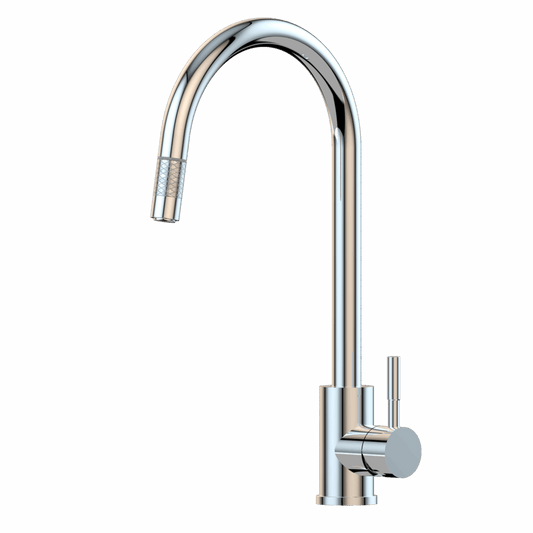 XPLORER    Stainless Steel Gooseneck XPRESSFIT retractable mini pull out mixer with designer nozzle Polished Chrome