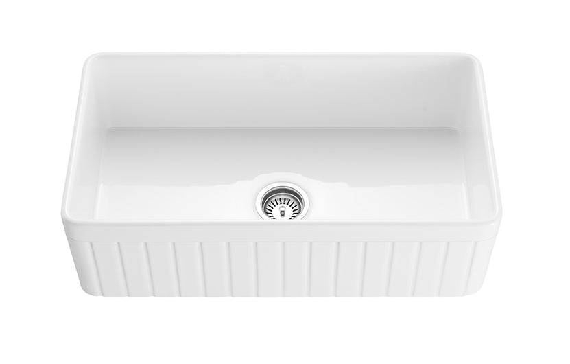 828mm Greenwich Fireclay Farmhouse Single Sink - Fluted & Flat Reversible - Gloss White