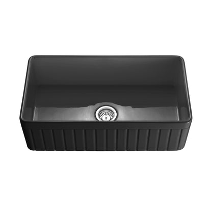 828mm Greenwich Fireclay Farmhouse Single Sink - Fluted & Flat Reversible - Matte Black