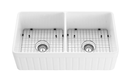 828mm Greenwich Fireclay Farmhouse Double Sink - Fluted & Flat Reversible - Gloss White