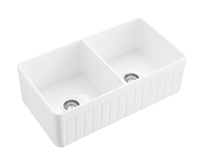 828mm Greenwich Fireclay Farmhouse Double Sink - Fluted & Flat Reversible - Gloss White