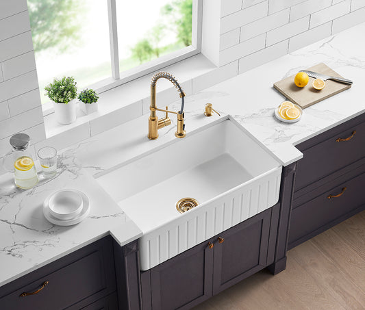 828mm Greenwich Fireclay Farmhouse Single Sink - Fluted & Flat Reversible - Gloss White