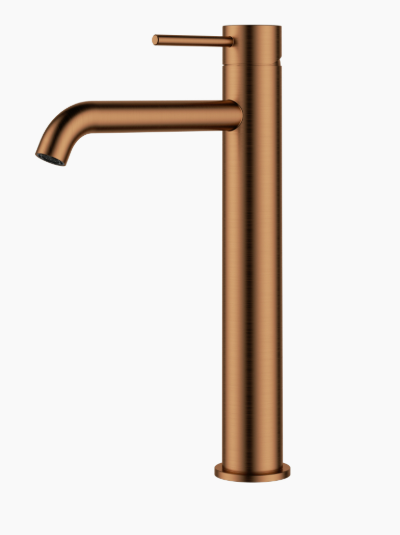 Otus Slimline ss Highrise Basin Mixer Curved Spout Brushed Copper
