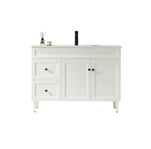 1200mm Harrington Floor Vanity PVC Left Side Drawers - Cabinet Only - Single Bowl - Matte White