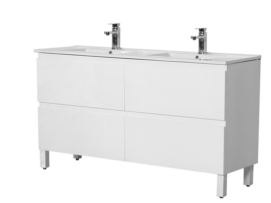 Riva PVC Floor Vanity - Four Drawers -   Double Bowl - Gloss White - 1500mm