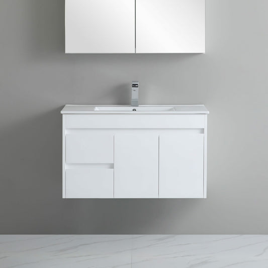 900mm Polar Slim Wall Hung Vanity PVC Left Side Drawers - Cabinet Only - Gloss White