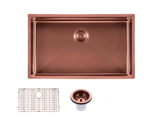 Round Corner Stainless Steel Copper PVD Coating Single Bowl Kitchen Sink(with Bottom Grid) 762*457*254mm