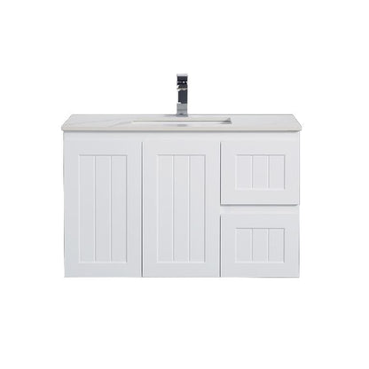 900mm Acacia Slim Wall Hung Vanity PVC Right Side Drawers - Cabinet Only - Matte White