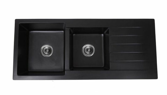 Pearl Black Double Bowl Granite Sink With   Drainer - 1145x495mm