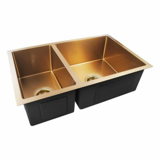Brushed Yellow Gold 1.2mm Handmade Round   Corners Double Bowls Top/Under/Flush Mount Kitchen Sink -?710x450x205mm