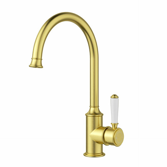 Clasico Gooseneck Sink Mixer Ceramic handle in Brushed Gold