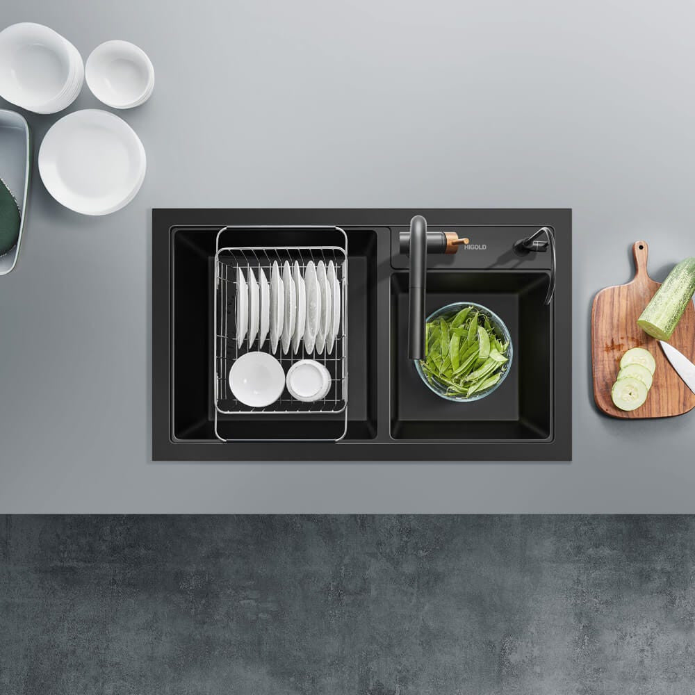 800mm Black 1 & 1/2 Bowl Kitchen Sink - Granite