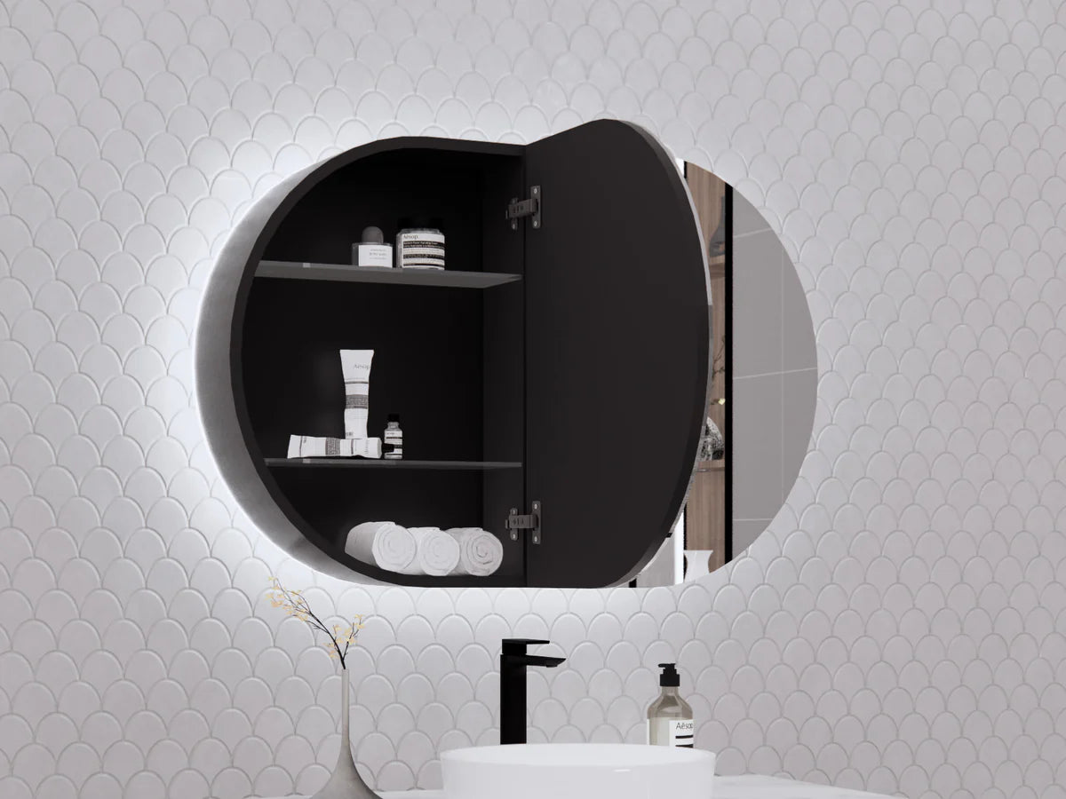 870mm Matt black Matt black Oval shape 2 Doors LED shaving cabinet with 4 adjustable glass shelves, whloe body is made by plywood - 870 x 600 x 140