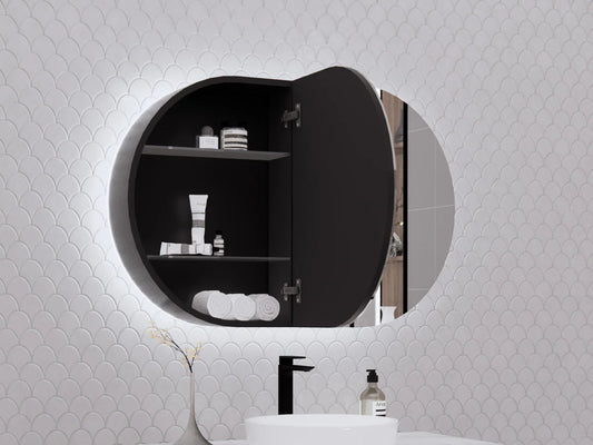 870mm Riva Designer Matte Black LED Mirror Cabinet - Matte Black