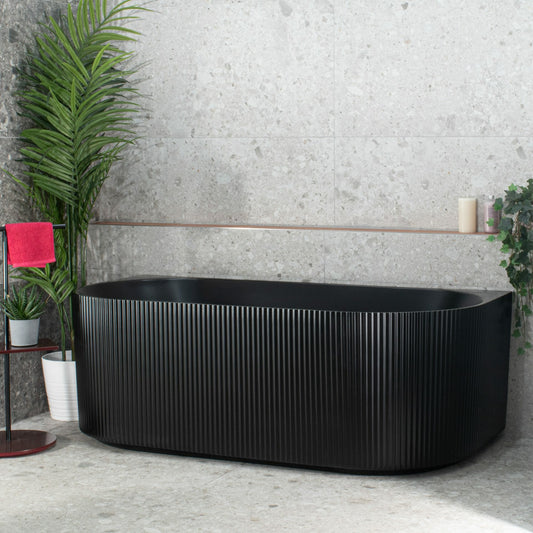 Brighton Groove Fluted Oval Freestanding   Back to Wall Bathtub - Matt Black - No Overflow - 1500mm