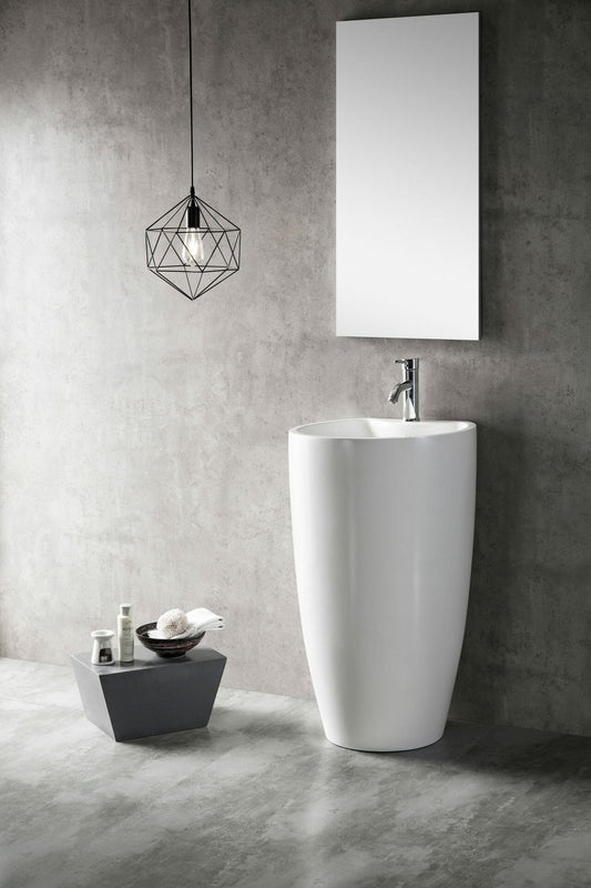Freestanding Pedestal Acrylic Basin -  Overflow - Tap Hole - Gloss White - Round - 525mm