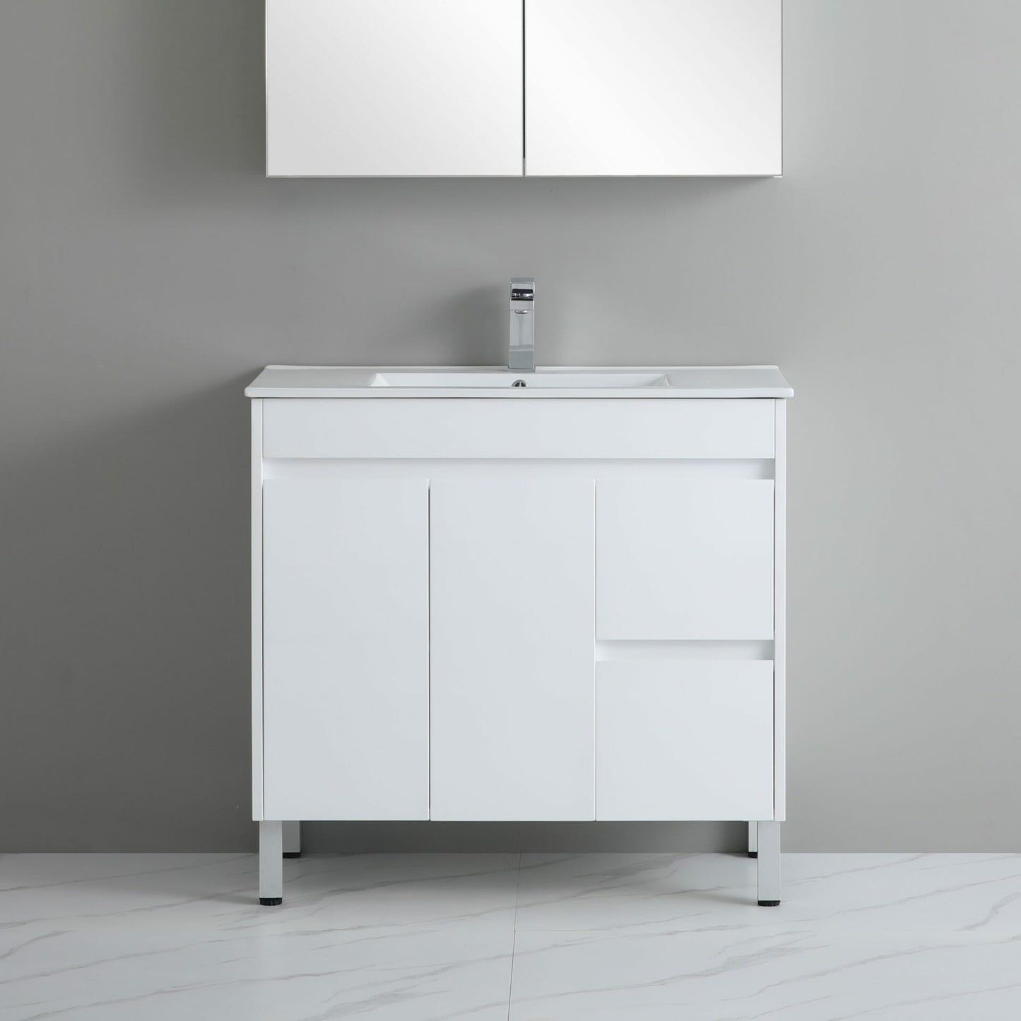 900mm Polar Slim Floor Vanity PVC Right Side Drawers - Cabinet Only - Gloss White