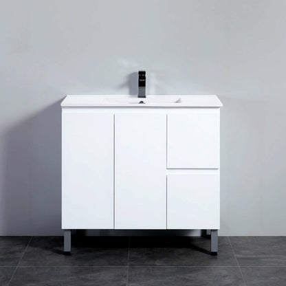 900mm PVC Waterproof Freestanding/Floor Vanity With Ceramic Top - Right Hand Drawers