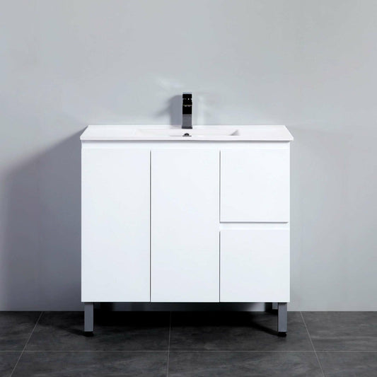 900mm PVC Waterproof Freestanding/Floor Vanity With Ceramic Top - Right Hand Drawers