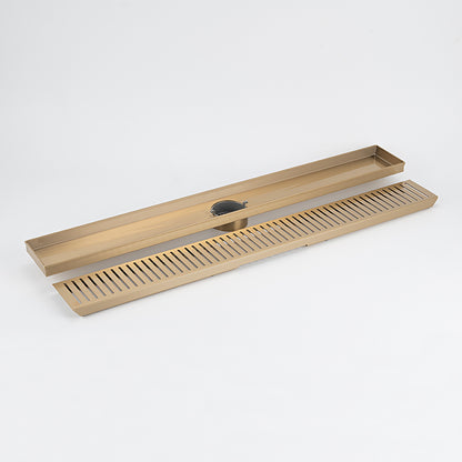 Radiant Slotted Linear Shower Grate - 600 mm length + 74mm outlet - WARM Brushed Nickel