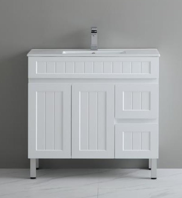 900mm Acacia Slim Floor Vanity PVC Right Side Drawers - Cabinet Only - Matte White