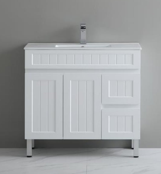 900mm Acacia Slim Floor Vanity PVC Right Side Drawers - Cabinet Only - Matte White