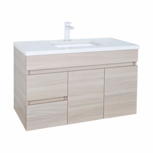 900mm Evie Wall Hung Vanity PVC Left Side Drawers - Cabinet Only - Oak