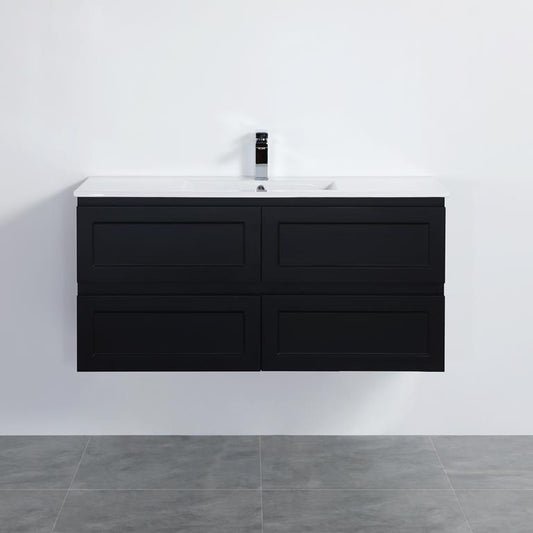 1200mm Fremantal Wall Hung Vanity PVC Left Side Drawers - Cabinet Only - Single Bowl - Matte Black