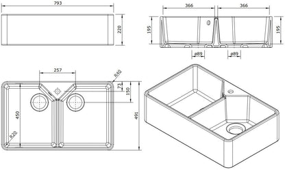 Chester 80x50 NTH Double Bowl Fireclay Sink - no overflow, one tap hole