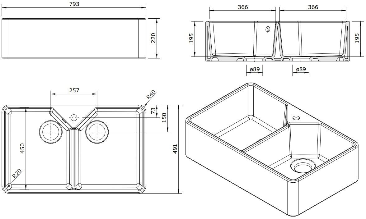 KIT - Chester 80 x 50 Double Flat Fine Fireclay Farmhouse Butler Sink - With Overflow, No tap hole