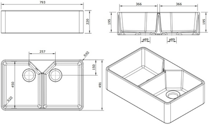 Chester 80x50 NTH Double Bowl Fireclay Sink - no overflow, one tap hole