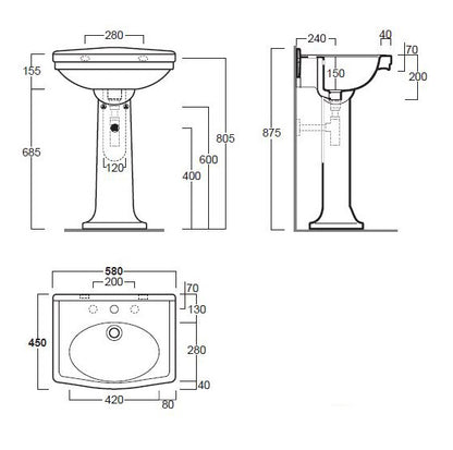 Claremont 58x45 Basin & Pedestal - 3TH