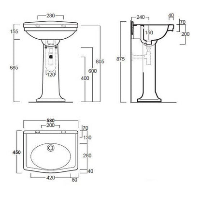 Claremont 58x45 Basin & Pedestal - no tap hole