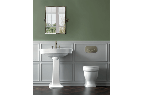 Claremont Floor Pan with Soft Close Seat, Inwall Cistern & Claremont Brushed Brass Flush Plate
