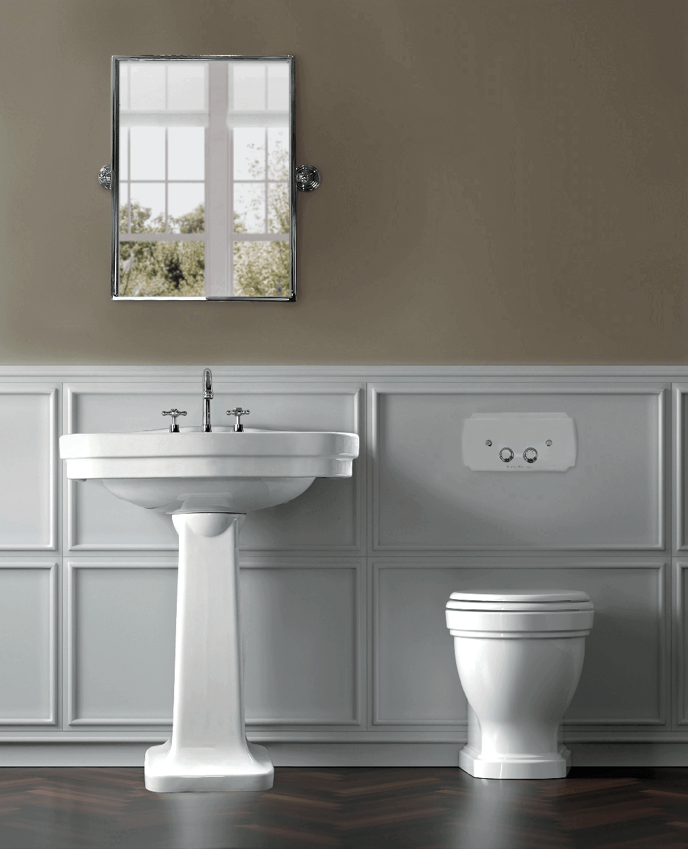 Claremont Floor Pan with Soft Close Seat, Inwall Cistern & Claremont Brushed Brass Flush Plate
