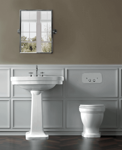 Claremont Floor Pan with Soft Close Seat, Inwall Cistern & Claremont Brushed Brass Flush Plate