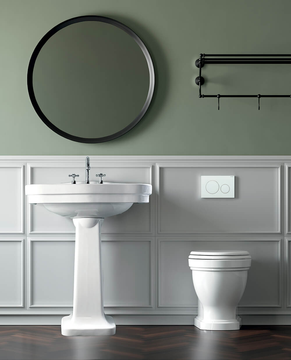 Claremont Floor Mounted Pan, Antique Brass Hinges, Seat And Pan Bend