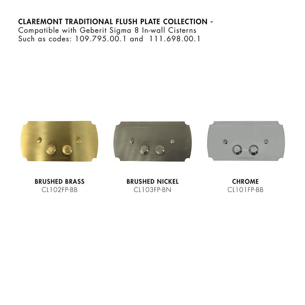Claremont Floor Pan with Soft Close Seat, Inwall Cistern & Claremont Brushed Brass Flush Plate
