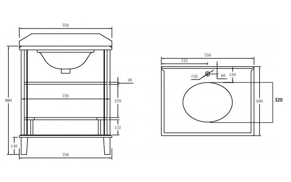 Coventry 75x55 White Vanity with Marble Top & Under Counter Basin - 1TH