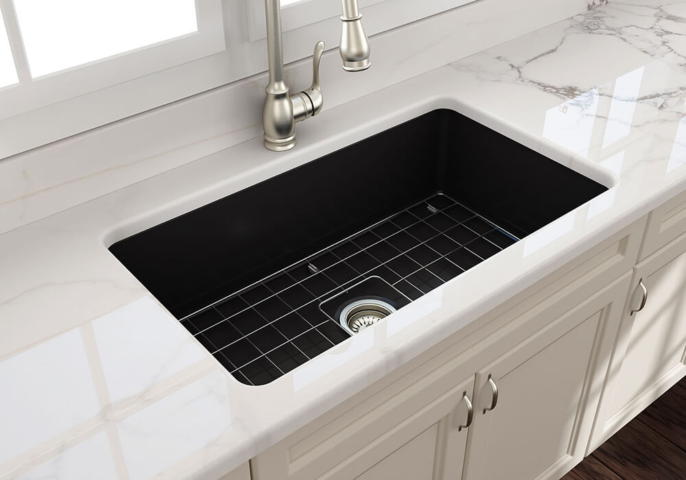 KIT - Cuisine 81x48 Inset / Undermount Fireclay Sink Matte Black with Overflow Incl. Waste