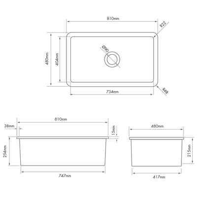 KIT - Cuisine 81x48 Inset / Undermount Fireclay Sink Matte White with Overflow Incl. Waste